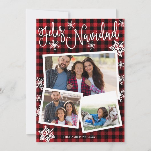 Feliz Navidad Snowflake Rustic 3 Foto's Kerstmis Kaart (Voorkant)