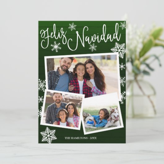 Feliz Navidad Snowflake Rustic 3 Foto's Kerstmis Kaart (Staand voorkant)
