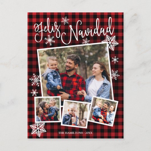 Feliz Navidad Snowflake Rustic 4 Kerstfoto's Briefkaart (Voorkant)