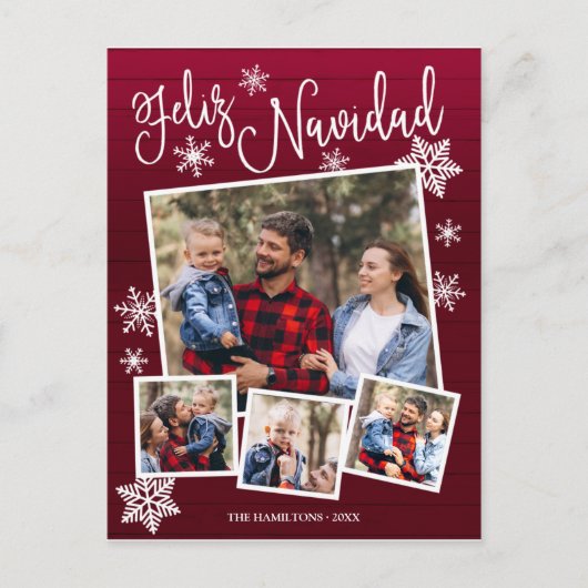 Feliz Navidad Snowflake Rustic 4 Kerstfoto's Briefkaart (Voorkant)