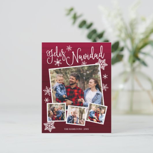 Feliz Navidad Snowflake Rustic 4 Kerstfoto's Briefkaart (Staand voorkant)