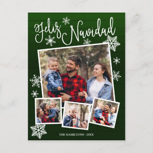Feliz Navidad Snowflake Rustic 4 Kerstfoto's Briefkaart (Voorkant)