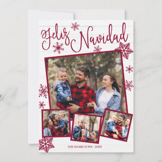 Feliz Navidad Snowflake Rustic 4 Kerstfoto's Kaart (Voorkant)