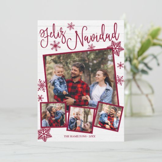Feliz Navidad Snowflake Rustic 4 Kerstfoto's Kaart (Staand voorkant)