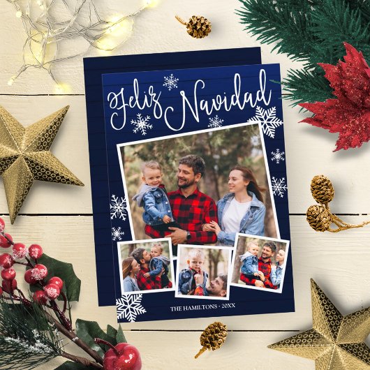 Feliz Navidad Snowflake Rustic 4 Kerstfoto's Kaart