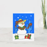 Feliz Navidad Snowman Feestdagen Kaart<br><div class="desc">Feliz Navidad Snowman. Zeg vrolijk kerstfeest in het Spaans met deze schattige,  cartoon sneeuwman. Hij is voorzien van een sneeuwpop in de cartoon die een sombrero draagt en maracas speelt. Het is tegen een blauwe achtergrond met sneeuw vallende en cadeaus vooraan.</div>
