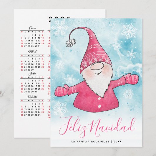 Feliz Navidad Spaans 2025 Kalender Roze Gnoom Feestdagenkaart (Voorkant / Achterkant)