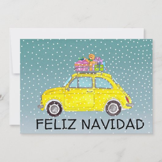 Feliz Navidad Spaans Kerst geel Fiat 500 Feestdagenkaart (Voorkant)