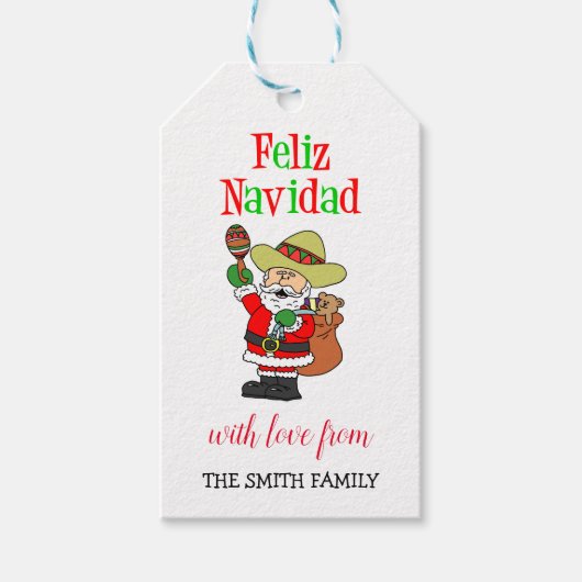 Feliz Navidad Spaans Santa Gepersonaliseerde famil Cadeaulabel (Voorkant)
