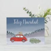 Feliz Navidad Spaanse Kerstmis Rode Fiat 500 Feestdagenkaart (Staand voorkant)