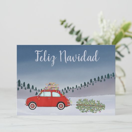 Feliz Navidad Spaanse Kerstmis Rode Fiat 500 Feestdagenkaart (Staand voorkant)