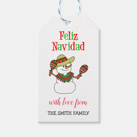 Feliz Navidad Spaanse Sneeuwman Gepersonaliseerde  Cadeaulabel (Voorkant)