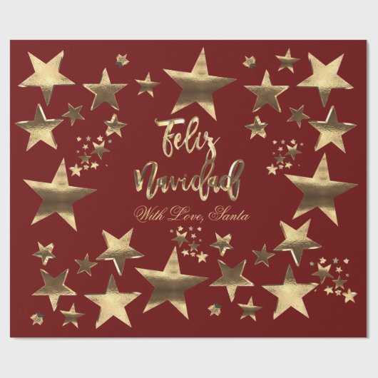 Feliz Navidad Stars Rood Gold Script Cadeaupapier (Vlak)