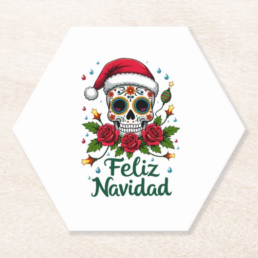 Feliz Navidad Sugar Skull Mexican Christmas T-Shir Kartonnen Onderzetters (Voorkant)