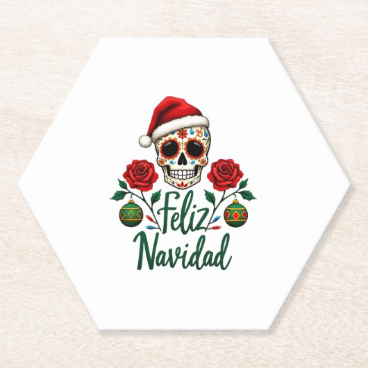 Feliz Navidad Sugar Skull Mexican Christmas T-Shir Kartonnen Onderzetters (Voorkant)