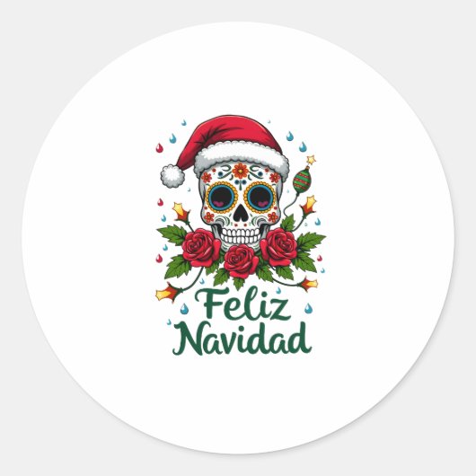 Feliz Navidad Sugar Skull Mexican Christmas T-Shir Ronde Sticker (Voorkant)