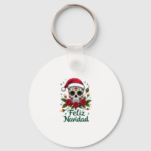 Feliz Navidad Sugar Skull Mexican Christmas T-Shir Sleutelhanger (Voorkant)