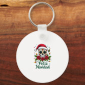 Feliz Navidad Sugar Skull Mexican Christmas T-Shir Sleutelhanger (Voorkant)