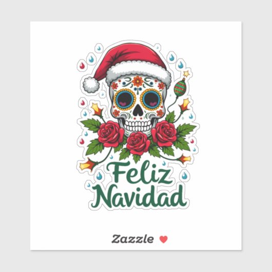 Feliz Navidad Sugar Skull Mexican Christmas T-Shir Sticker (Vel)