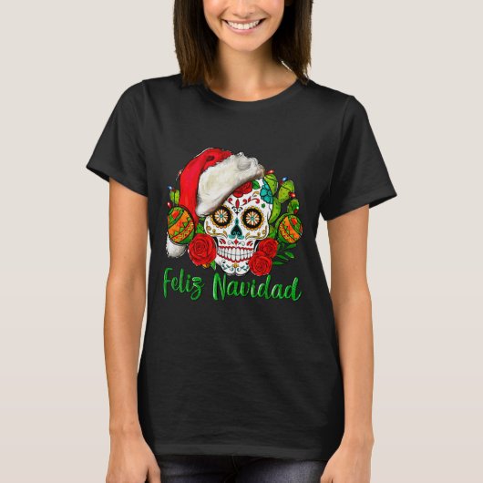 Feliz Navidad Sugar Skull Mexican Christmas  T-shirt (Voorkant)