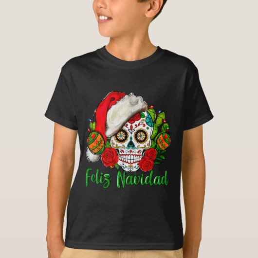 Feliz Navidad Sugar Skull Mexican Christmas  T-shirt (Voorkant)