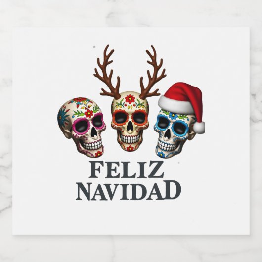 Feliz Navidad Sugar Skulls Reindeer Santa Mexican Sparkling Wijnetiket (Enkel label)
