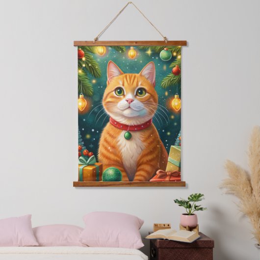 Feliz navidad te desea mi gato naranja hangend wandkleed (Slaapkamer)