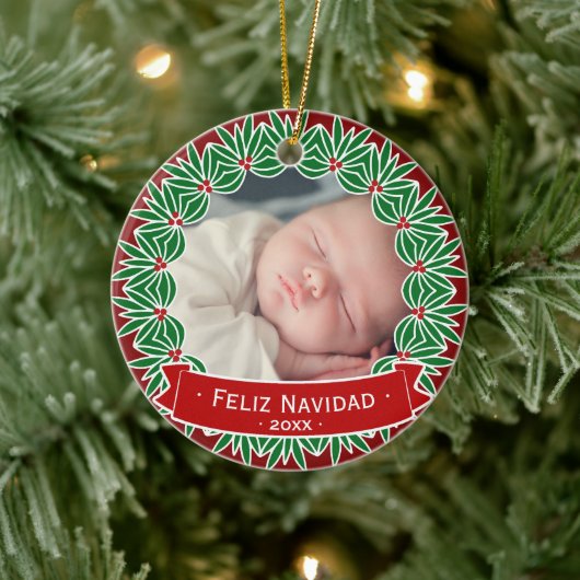Feliz Navidad | Uw foto is feestelijk rood en groe Keramisch Ornament (Boom)