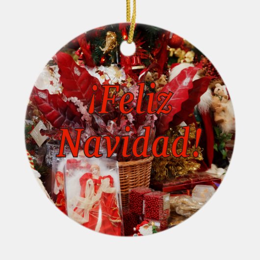 Feliz Navidad. Vrolijk kerstfeest in het Spaans rf Keramisch Ornament (Voorkant)