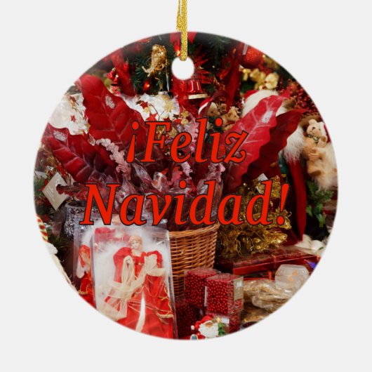 Feliz Navidad. Vrolijk kerstfeest in het Spaans rf Keramisch Ornament (Achterkant)