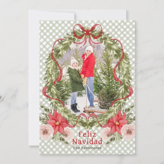 Feliz Navidad Waterverf Floral Bow Familiefoto Feestdagenkaart (Voorkant)