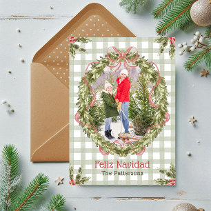 Feliz Navidad Waterverf Floral Bow Familiefoto Feestdagenkaart