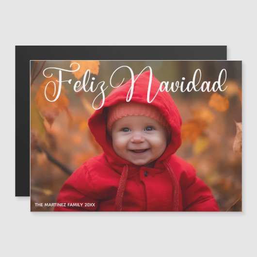 Feliz Navidad White Script Kerstmagneet Kaart (Voorkant / Achterkant)