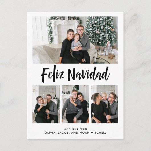Feliz Navidad| Zwart-wit multi-fotoraster Feestdagenkaart (Voorkant)