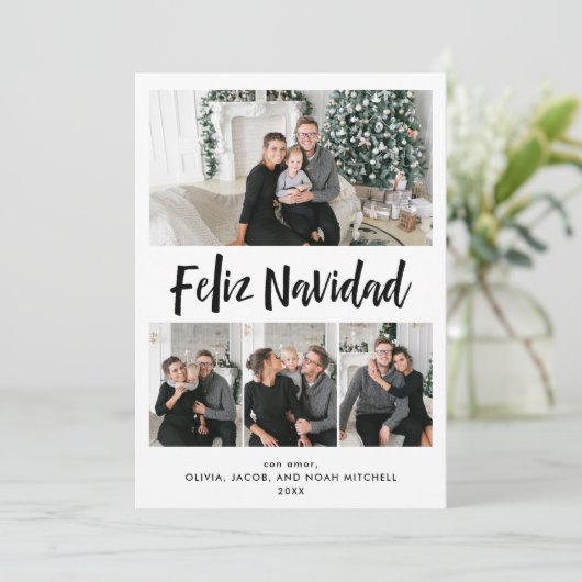 Feliz Navidad| Zwart-wit multi-fotoraster Feestdagenkaart (Staand voorkant)