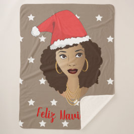 Feliz Navidad, Zwarte vrouw, witte sterren, bruin Sherpa Deken