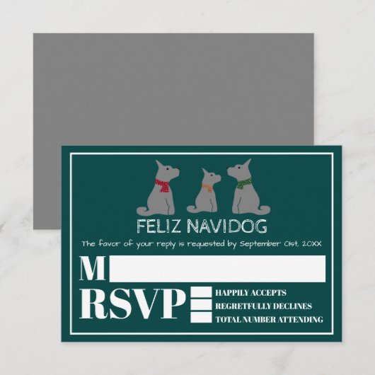 Feliz Navidog, Spaanse kerstpartij RSVP Kaartje (Voorkant / Achterkant)