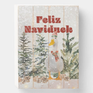 Feliz Naviduck Cute Winter Duck Houten Kist Print