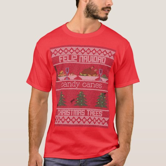 Feliznavidad snoepstokken en kerstbomen t-shirt (Voorkant)