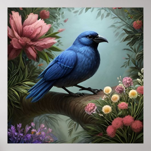 Felle Blauwe Vogel op een Tak Poster (Voorkant)
