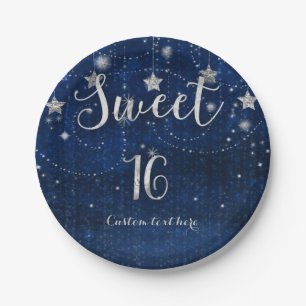 Felle Blauwe & Zilveren Sterren Sweet 16 Feest Papieren Bordje