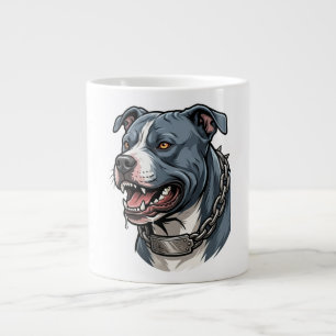 Felle blauwgrijze pitbull met stalen halsband met  grote koffiekop