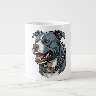 Felle blauwgrijze pitbull met stalen halsband met  grote koffiekop