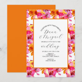 Felle bloemen roze oranje waterverf bruiloft kaart