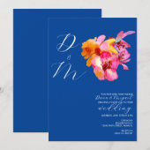 Felle bloemige waterverf monogram blauwe trouw  kaart (Voorkant / Achterkant)