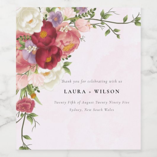 Felle Boho Rode Roze Witte Bloemen Bruiloft Wijn Etiket (Enkel label)