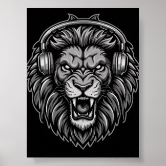 Felle Brullende Leeuw met Koptelefoon Monochroom P Poster