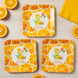 Felle Citrus Eerste Verjaardag Papieren Borden Bordje