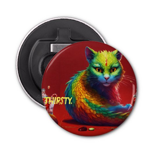 "Felle elegantie: Rode draak kat muis rond Button Flesopener (Voorkant)