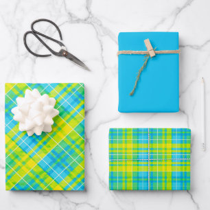 Felle geel-blauw-groen-wit geruit inpakpapier vel